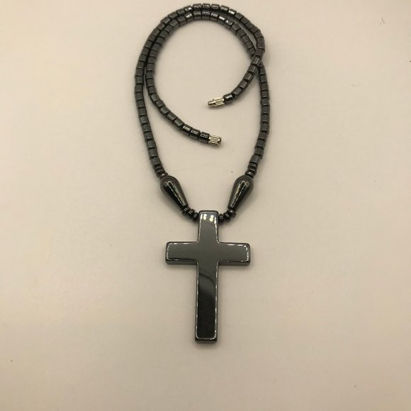 Hematite Cross Necklace Unisex 16 inch Necklace with Hematite 2 in Cross NEW - Picture 2 of 9